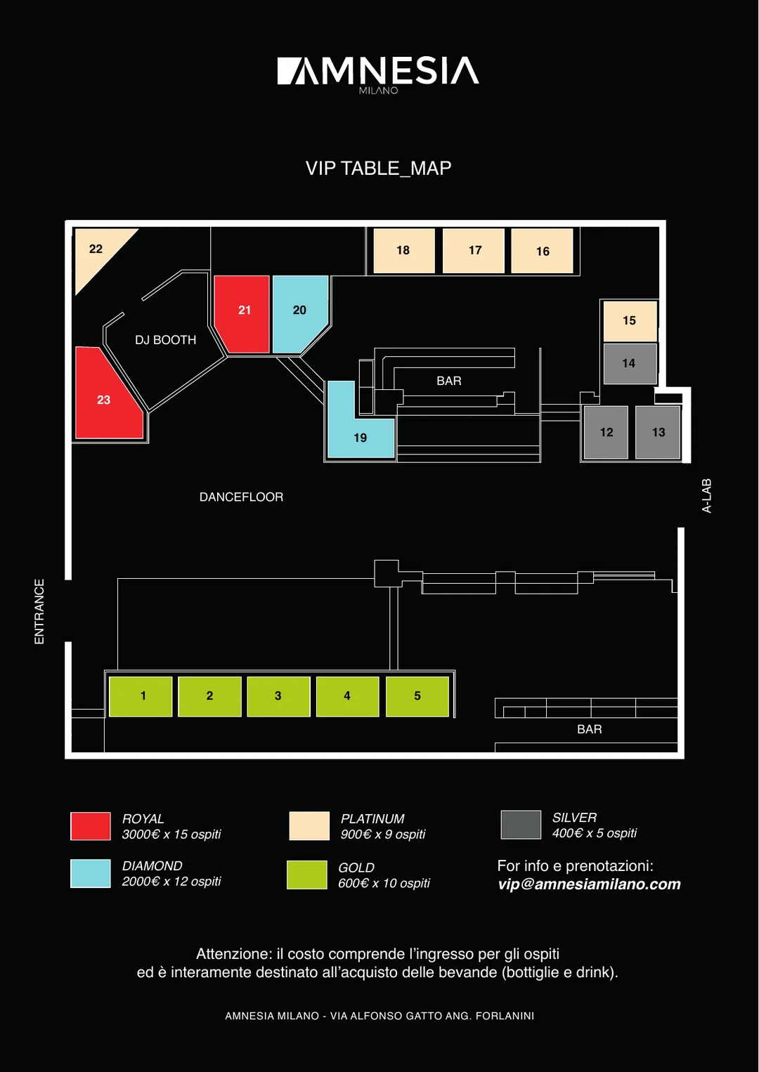 Mappa dei tavoli VIP dell’Amnesia Milano: Royal, Diamond, Platinum, Silver nel Pulse Privè e Gold nel Vibe Privè