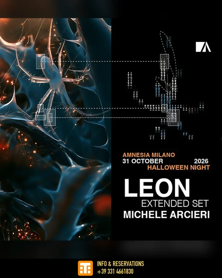 Locandina Halloween Night 2026 all’Amnesia Milano con Leon extended set e Michele Arcieri, sabato 31 ottobre